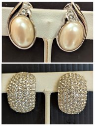 Vintage Faux Pearl & Pav Ribbon Clip-On Earrings &  Sparkling Silver-Tone Pav Dome Statement Earrings