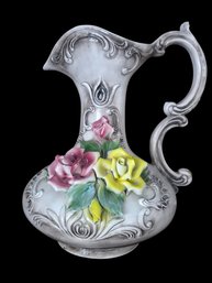 Vintage Ornate Italian Hand Painted Porcelain Capodimonte Pitcher With Roses