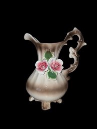 Vintage Italian Hand Painted Porcelain Capodimonte Two Tone Pitcher With Roses