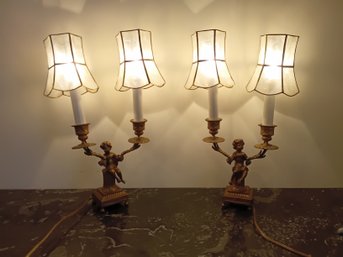 Pair Of Early Heavy Brass Cherub Lamps