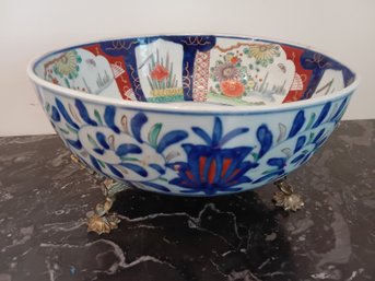 Large Antique Japanese Imari Porcelain Bowl W/ Brass Stand