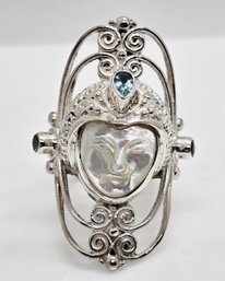 Sajen Silver, Carved Mother Of Pearl, Multi-Gemstone Ring In Sterling Silver