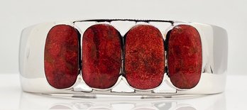 Red Coral, Rhodium Over Sterling Cuff Bracelet