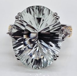 Concave Cut, Prasiolite, White Topaz Ring In Yellow Gold & Rhodium Over Sterling