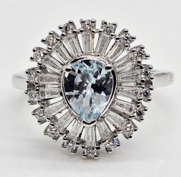 Premium Aquamarine, Moissanite Ring In Rhodium Over Sterling