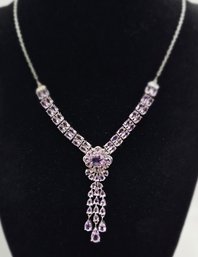 Pink Amethyst Chandelier Necklace In Rhodium Over Sterling
