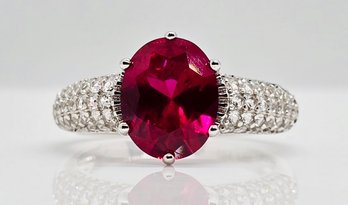 Red Ruby, White Sapphire, Rhodium Over Sterling Ring