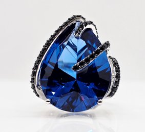 Blue & Black Spinel, Rhodium Over Sterling Ring