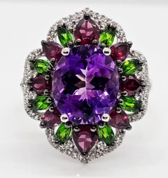 Amethyst, Chrome Diopside, Rhodolite Garnet Ring In Rhodium Over Sterling