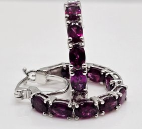 Rhodolite Garnet, Rhodium Over Sterling Inside Out Hoop Earrings