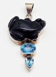 Vintage Blue Topaz With Black Frog Pendant In Sterling