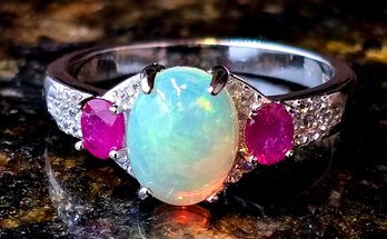 Ethiopian Welo Opal, Multi-Gemstone Ring In Rhodium Over Sterling