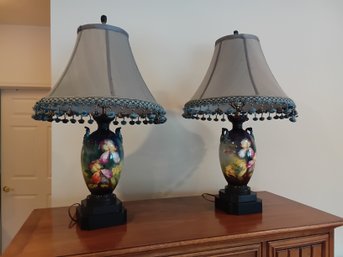 Pair Of Beautiful Early Handpainted Lamps W/ Black & Blue Accent