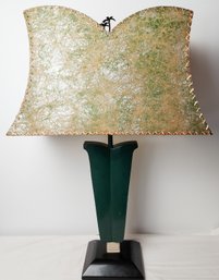 Green & Yellow Mid-Century Lamp With Woven Fiberglass Shade