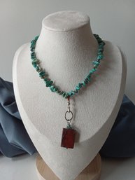 Handcrafted Turquoise Nugget Beaded Necklace W/ Brown Stone Pendant