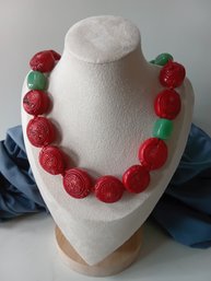 Vintage Chinese Red Cinnabar & Jade Carved Necklace