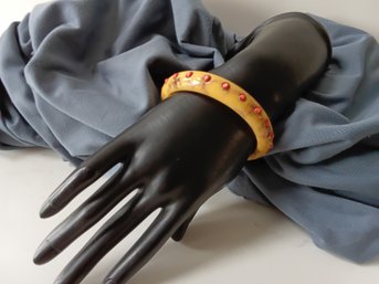 Vintage Marbled Butterscotch & Brown Bakelite W/ Red Stones Bangle Bracelet (1 Stone Missing)