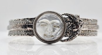 High End Artisan Collection Of Bali, Carved Mother Of Pearl Face, Sterling Silver Celestial Cuff Bracelet