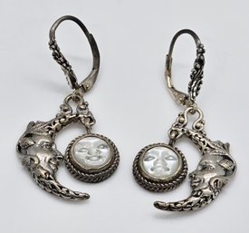 High End Artisan Collection Of Bali, Carved Mother Of Pearl Face, Sterling Silver Celestial Earrings