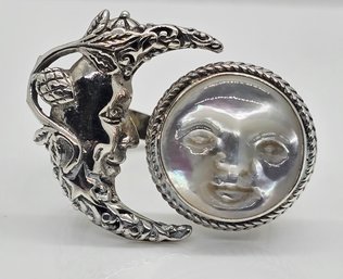 High End Artisan Collection Of Bali, Carved Mother Of Pearl Face, Sterling Silver Celestial Ring