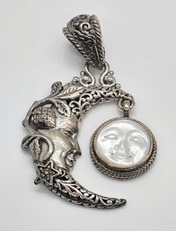 High End Artisan Collection Of Bali, Carved Mother Of Pearl Face, Sterling Silver Celestial Pendant