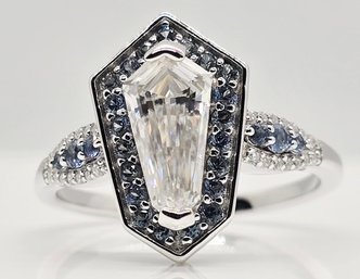 Moissanite, Blue Sapphire Shield Ring In Rhodium Over Sterling