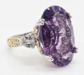 Concave Cut, Amethyst, White Topaz Ring In Yellow Gold & Rhodium Over Sterling
