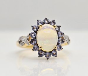 Premium Ethiopian Welo Opal, Multi-Gemstone Sunburst Ring In 18k Yellow Gold Over Sterling