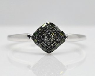 Green Diamond Cluster Ring In Rhodium Over Sterling