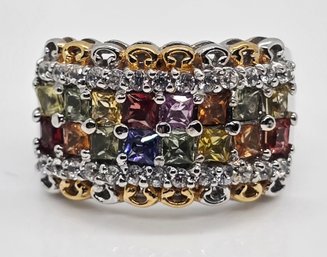 Premium Multi-sapphire, White Zircon Ring In 18k Yellow Gold & Rhodium Over Sterling