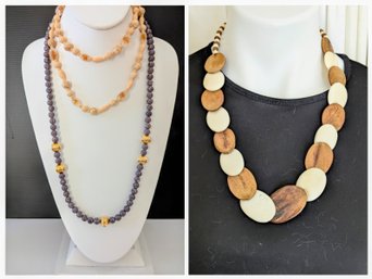 Miriam Haskell Light Earth Tone Necklace And Marbled Gray Beaded Necklace Plus Smooth Wooden Discs