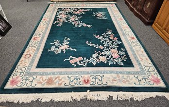 Teal Chinese Art Deco Floral Motif Rug