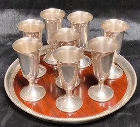 Unused Vtg. Set: Revere Sterling Silver & Formica Serving Tray & 6 Preisner Sterling Silver Liqueur Cups TF/WA