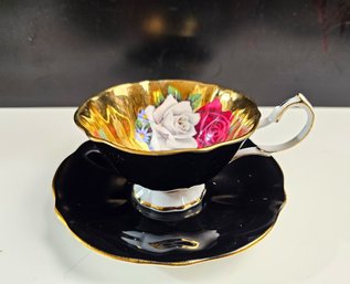 Stunning Rare Vintage Black Gold Queen Anne Tea Cup And Saucer Set