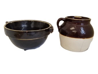 Vtg. Robinson Ransbottom #2 Crown 2 Quart Stoneware Pot With Lid & Glazed Stoneware Bowl With Bail Handle
