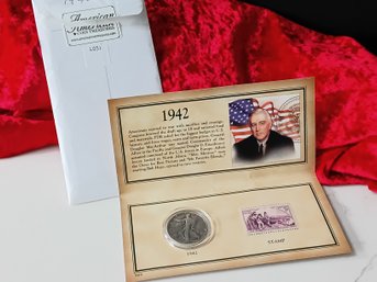 1942 Walking Liberty Half-dollar & Stamp W/ Certificate Of Authenticity #89