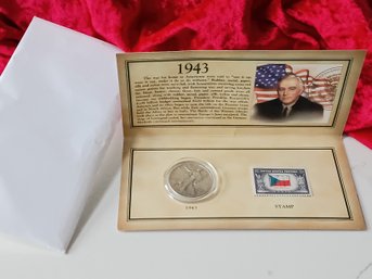 1943 Walking Liberty Half-dollar & Stamp W/ Certificate Of Authenticity #92