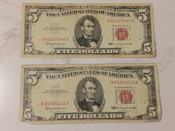 Lot Of 2 - Five Dollar Bill - Red Note #46