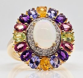 Ethiopian Welo Opal, Diamond, Multi-Gemstone 18k Yellow Gold Over Sterling Ring