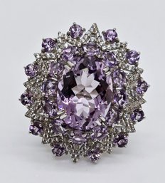 Rose De France Amethyst, White Zircon Ring In Rhodium Over Sterling