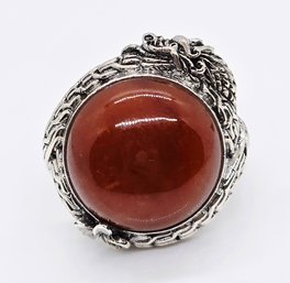 Bali, Red Jade Dragon Ring In Sterling