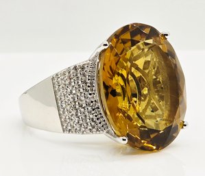 Huge Yellow Citrine, Rhodium Over Sterling Ring