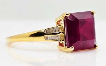 Asscher Cut Premium Ruby & Diamond Ring In 18k Yellow Gold Over Sterling