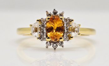 Mandarin Garnet, White Zircon Ring In 18k Yellow Gold Over Sterling