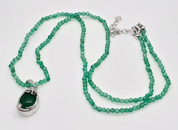 Green Onyx Dragon Pendant With Beaded Necklace In Rhodium Over Sterling