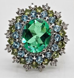 Peacock Quartz, Multi-Gemstone Peacock Ring In Rhodium Over Sterling