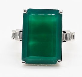 Green Onyx, Moissanite Ring In Rhodium Over Sterling