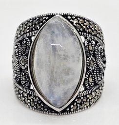 White Rainbow Moonstone, Marcasite Sterling Ring