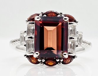 Red Labradorite, Garnet, Sapphire, Rhodium Over Sterling Ring