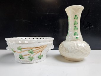 Vintage Belleek Shamrock Trinket  Dish & Vase Lot